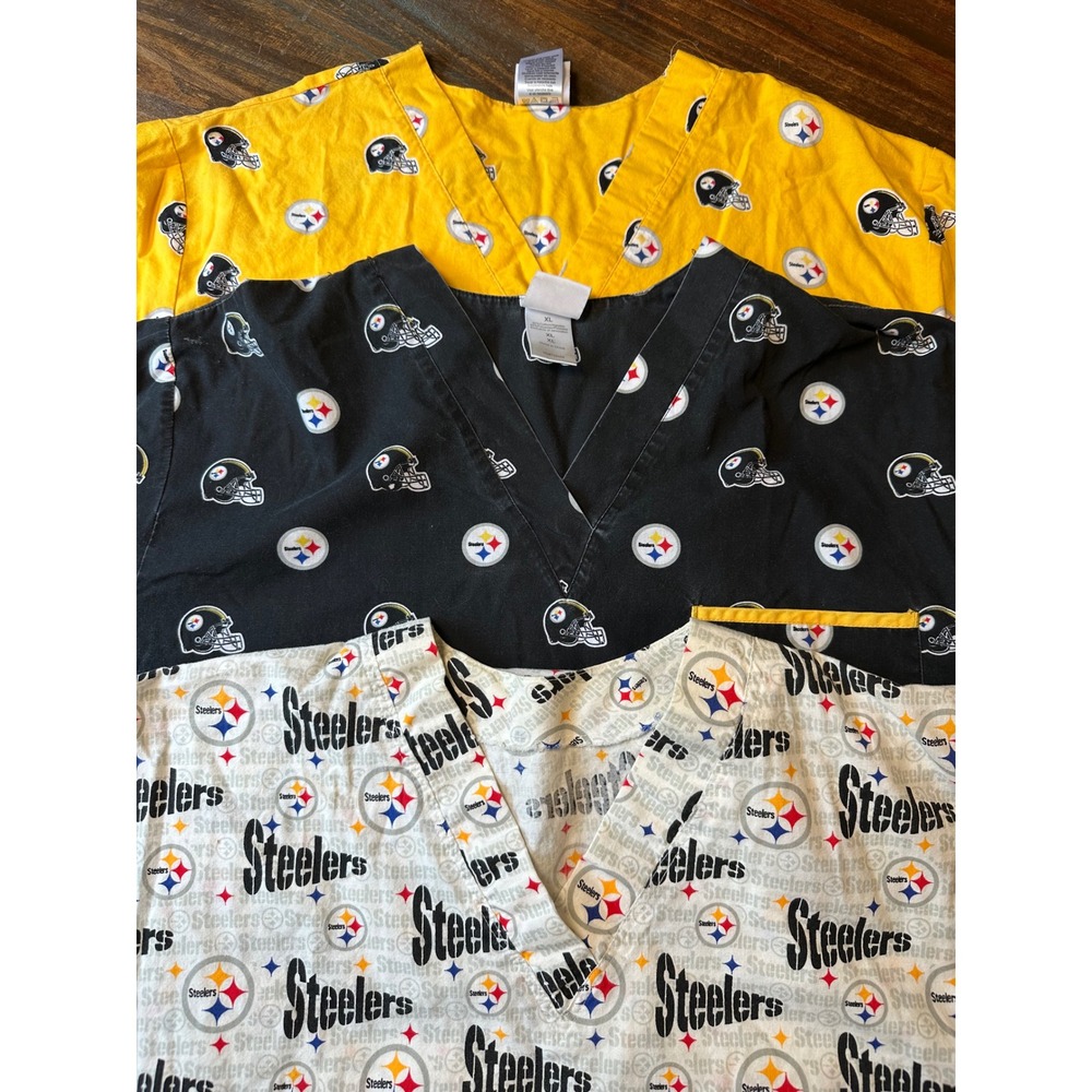 NFL Pittsburgh Steelers Scrub Tops 3 Pack Unisex XL Yellow Black V-Neck Medical